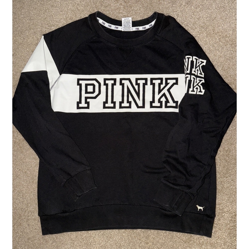 Victoria's Secret Pink Black Sweatshirt Crew Neck Black and White‎ Size Large